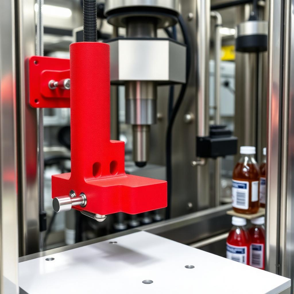 Red 3D-printed jig fixture on production equipment