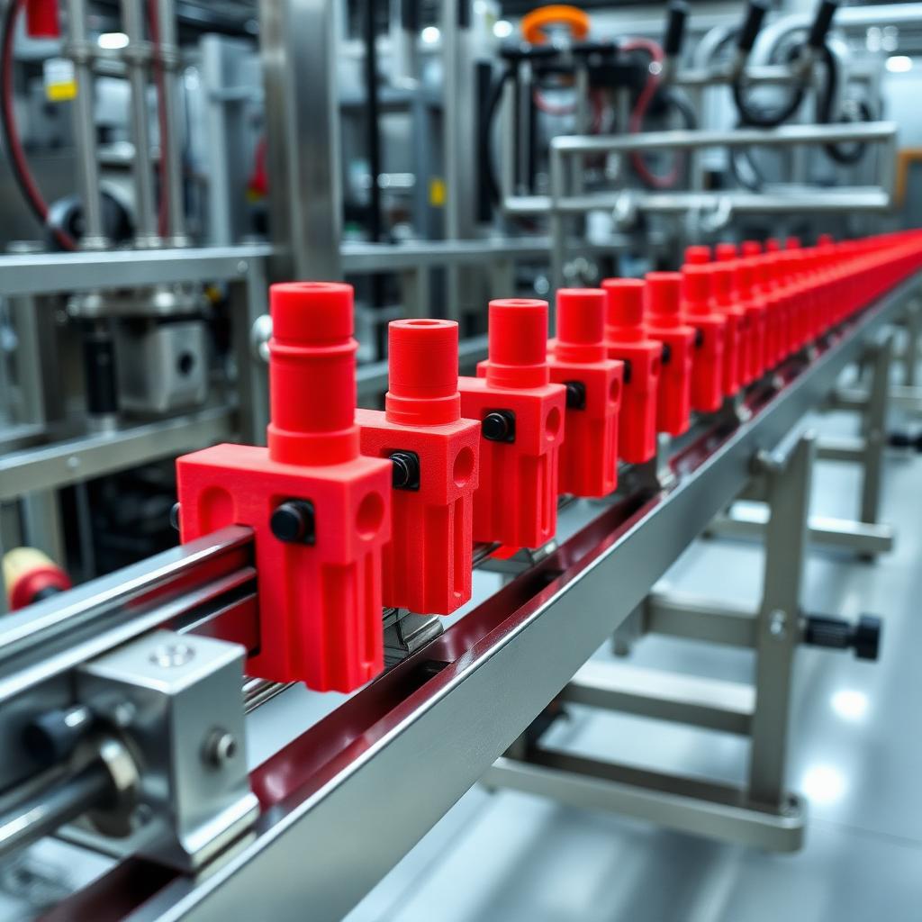 Red cylindrical jigs on production rail