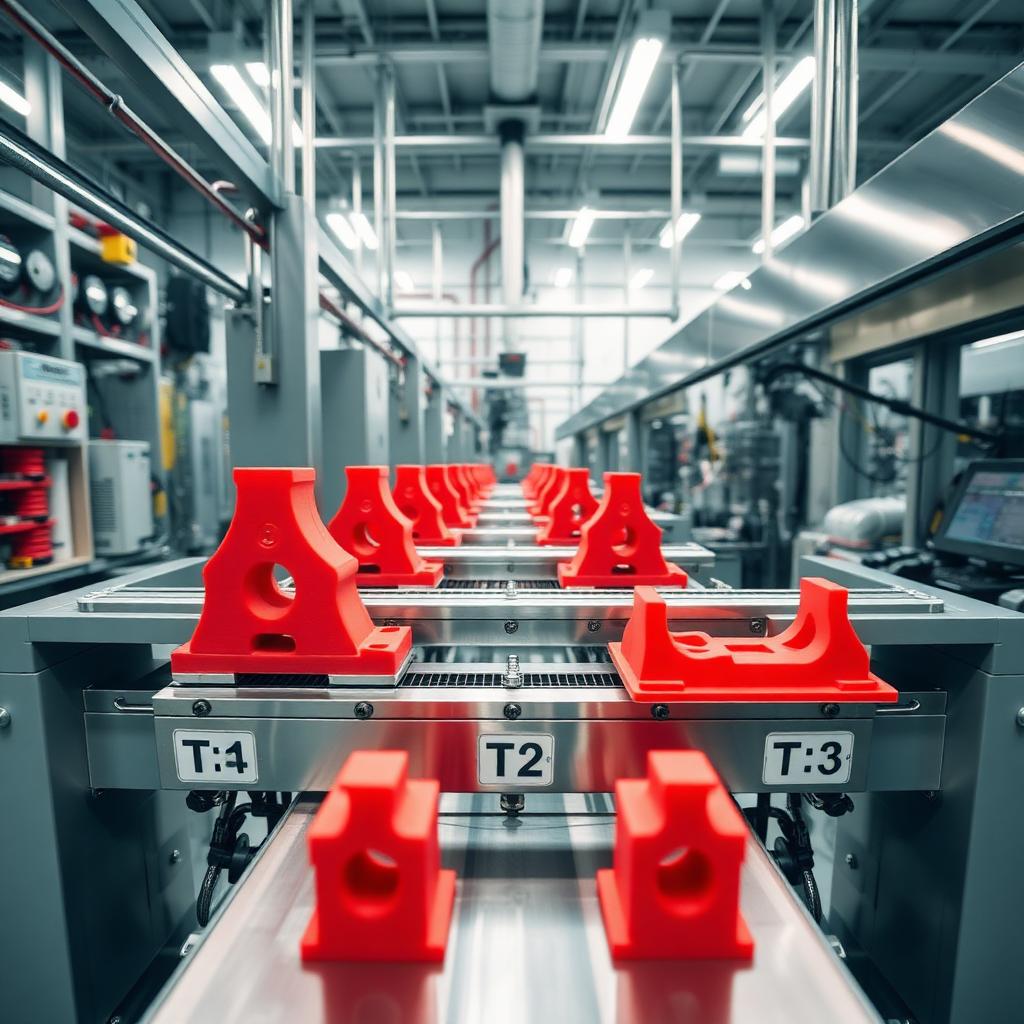 Multiple red 3D jigs labeled T1 T2 T3 across production line